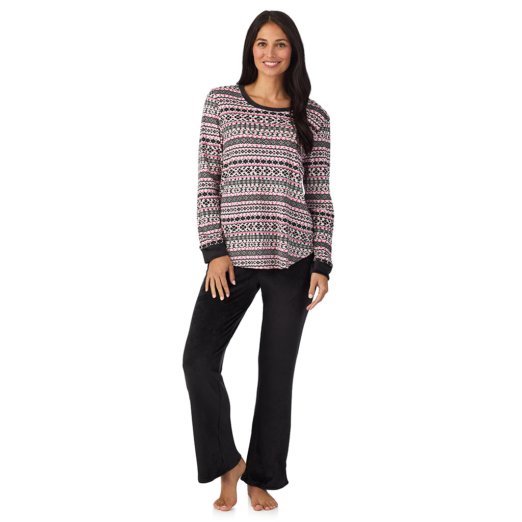 Ivory Fairisle;Model is wearing size S. She is 5'8.5", Bust 32", Waist 25", Hips 36".@A lady wearing Silky Velour Long Sleeve Pullover with Boot Cut Pant 2-Pc Pajama Set