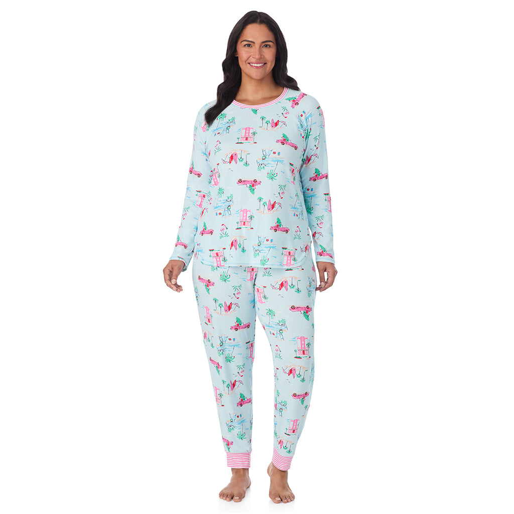 Aqua Coastal Holiday;Model is wearing size 1X. She is 5'10", Bust 40", Waist 33", Hips 47".@A lady wearing Brushed Sweater Knit Long Sleeve Top with Jogger 2-Pc Pajama Set PLUS