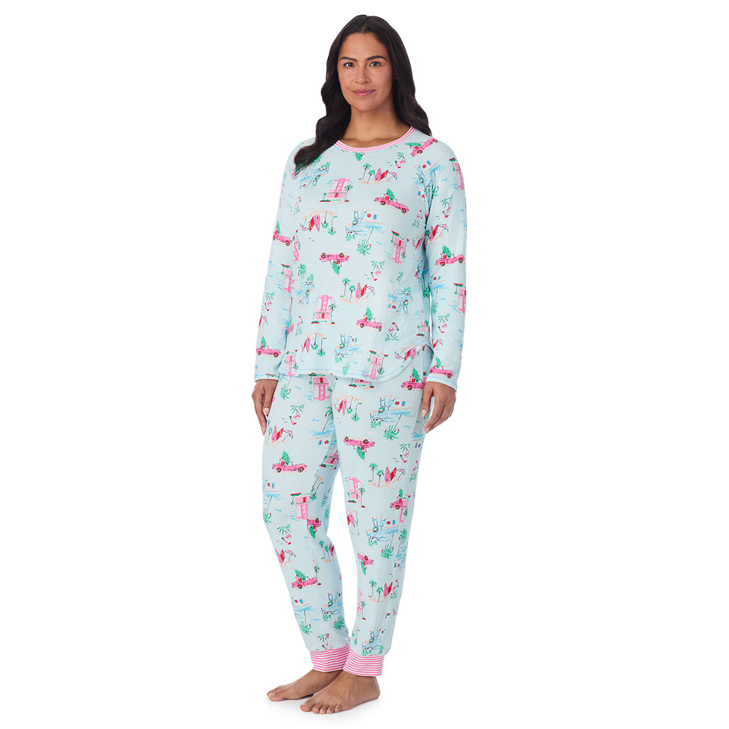 Aqua Coastal Holiday;Model is wearing size 1X. She is 5'10", Bust 40", Waist 33", Hips 47".@A lady wearing Brushed Sweater Knit Long Sleeve Top with Jogger 2-Pc Pajama Set PLUS