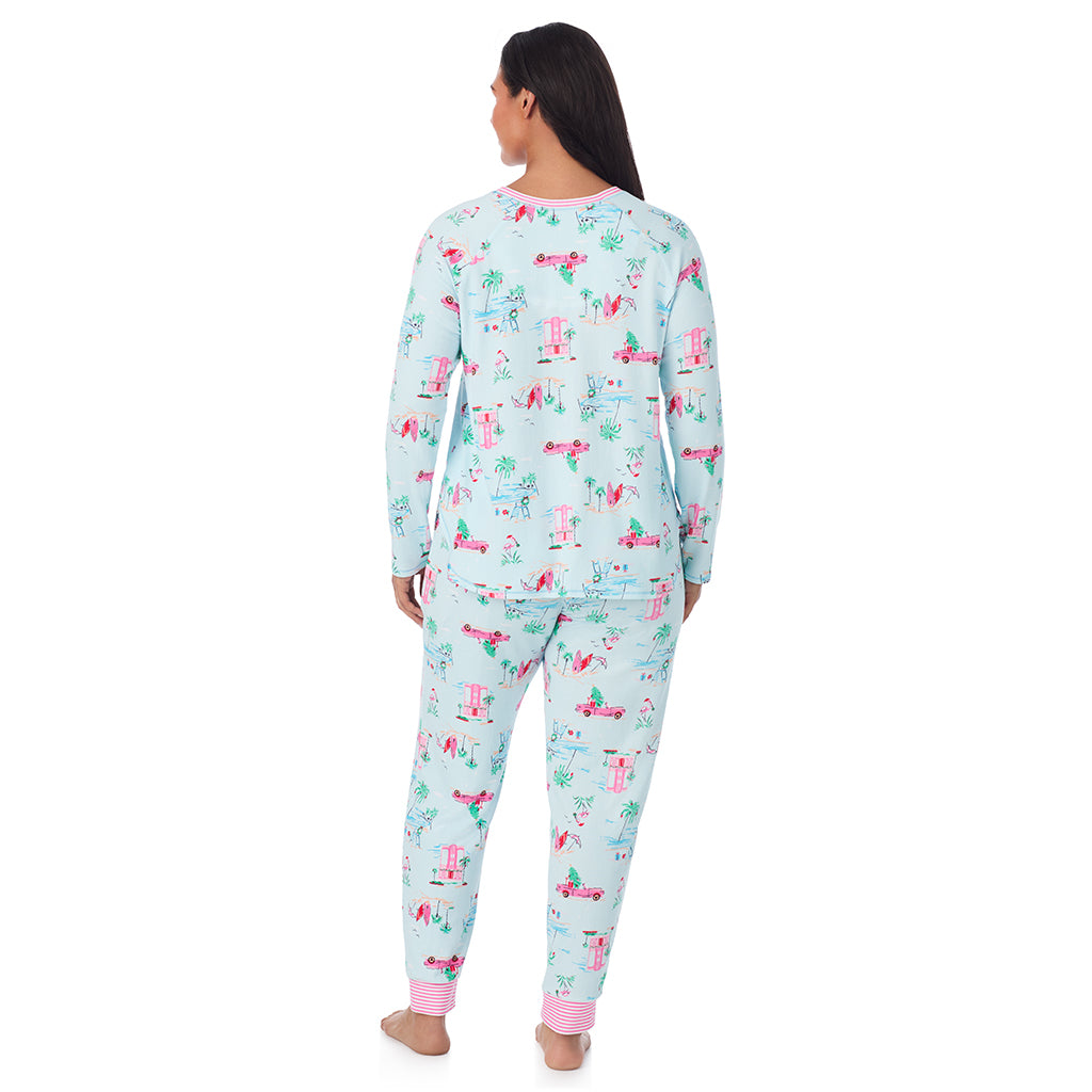 Aqua Coastal Holiday;Model is wearing size 1X. She is 5'10", Bust 40", Waist 33", Hips 47".@A lady wearing Brushed Sweater Knit Long Sleeve Top with Jogger 2-Pc Pajama Set PLUS