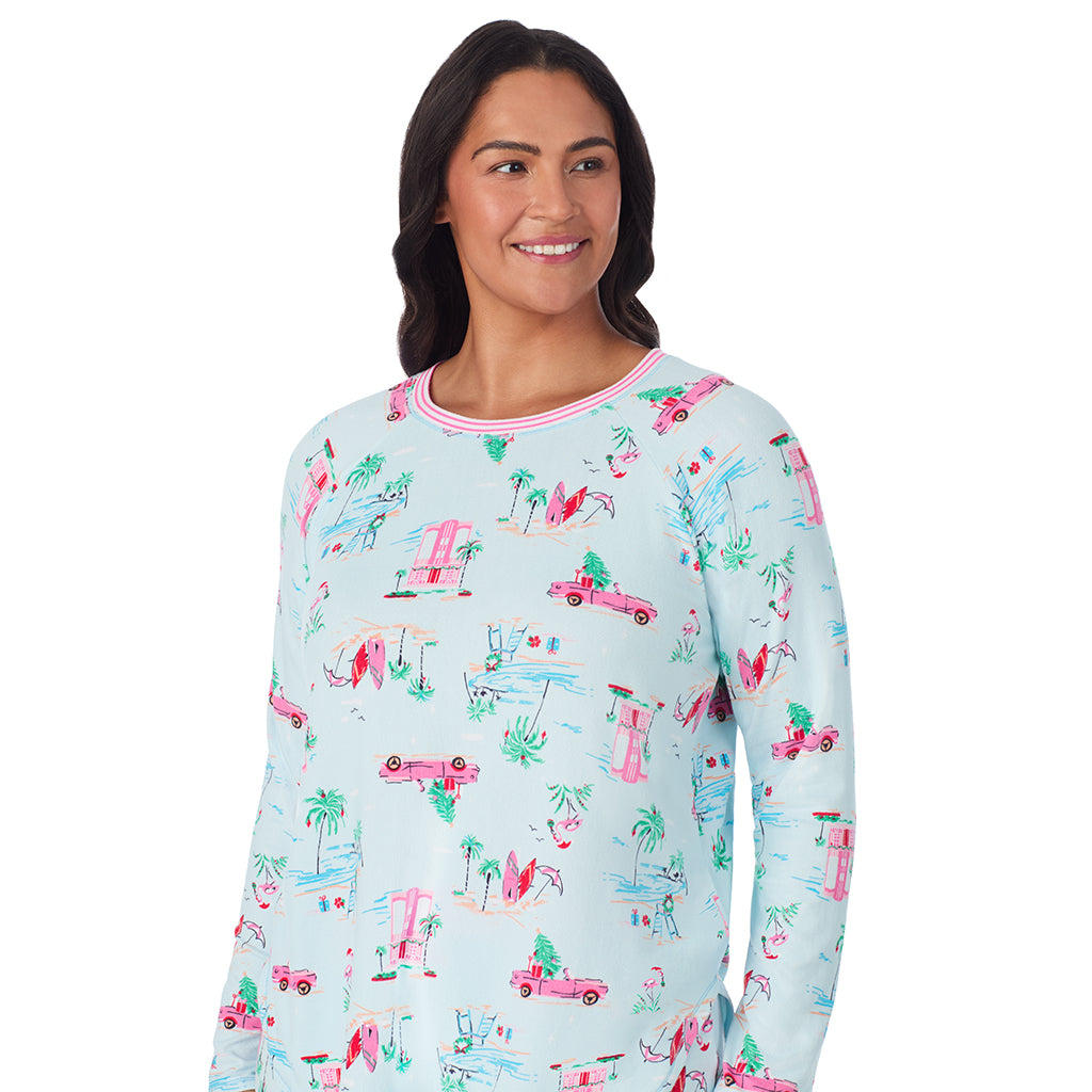 Aqua Coastal Holiday;Model is wearing size 1X. She is 5'10", Bust 40", Waist 33", Hips 47".@A lady wearing Brushed Sweater Knit Long Sleeve Top with Jogger 2-Pc Pajama Set PLUS