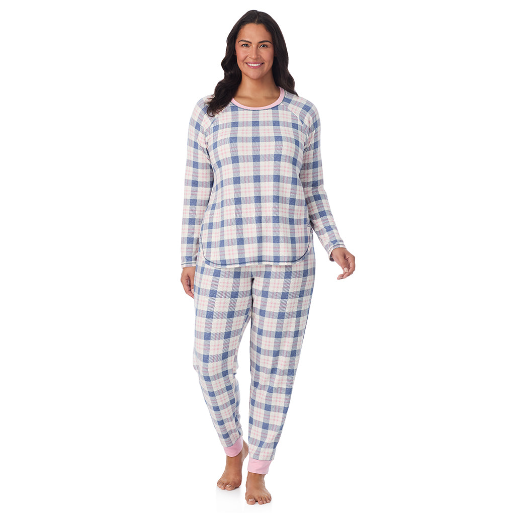 Pink Blue Plaid;Model is wearing size 1X. She is 5'10", Bust 40", Waist 33", Hips 47".@A lady wearing Brushed Sweater Knit Long Sleeve Top with Jogger 2-Pc Pajama Set PLUS