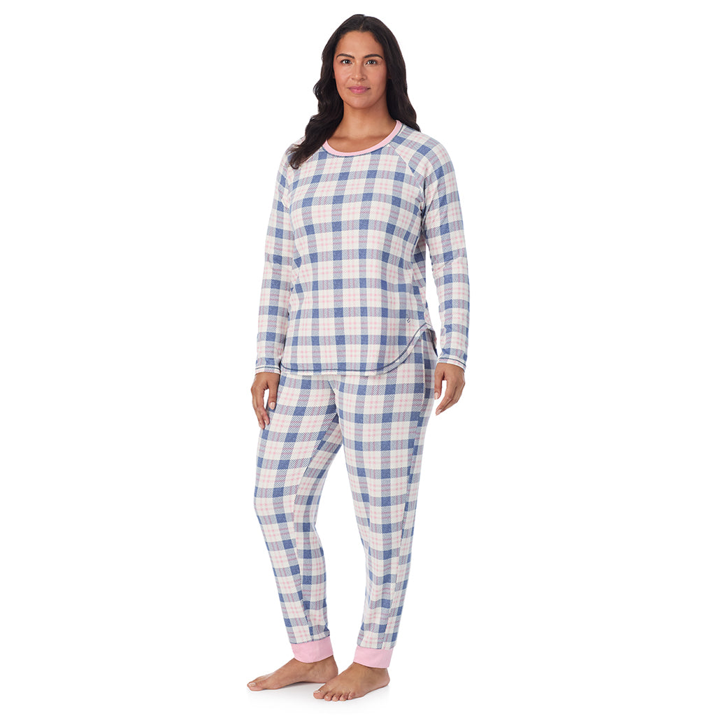 Pink Blue Plaid;Model is wearing size 1X. She is 5'10", Bust 40", Waist 33", Hips 47".@A lady wearing Brushed Sweater Knit Long Sleeve Top with Jogger 2-Pc Pajama Set PLUS
