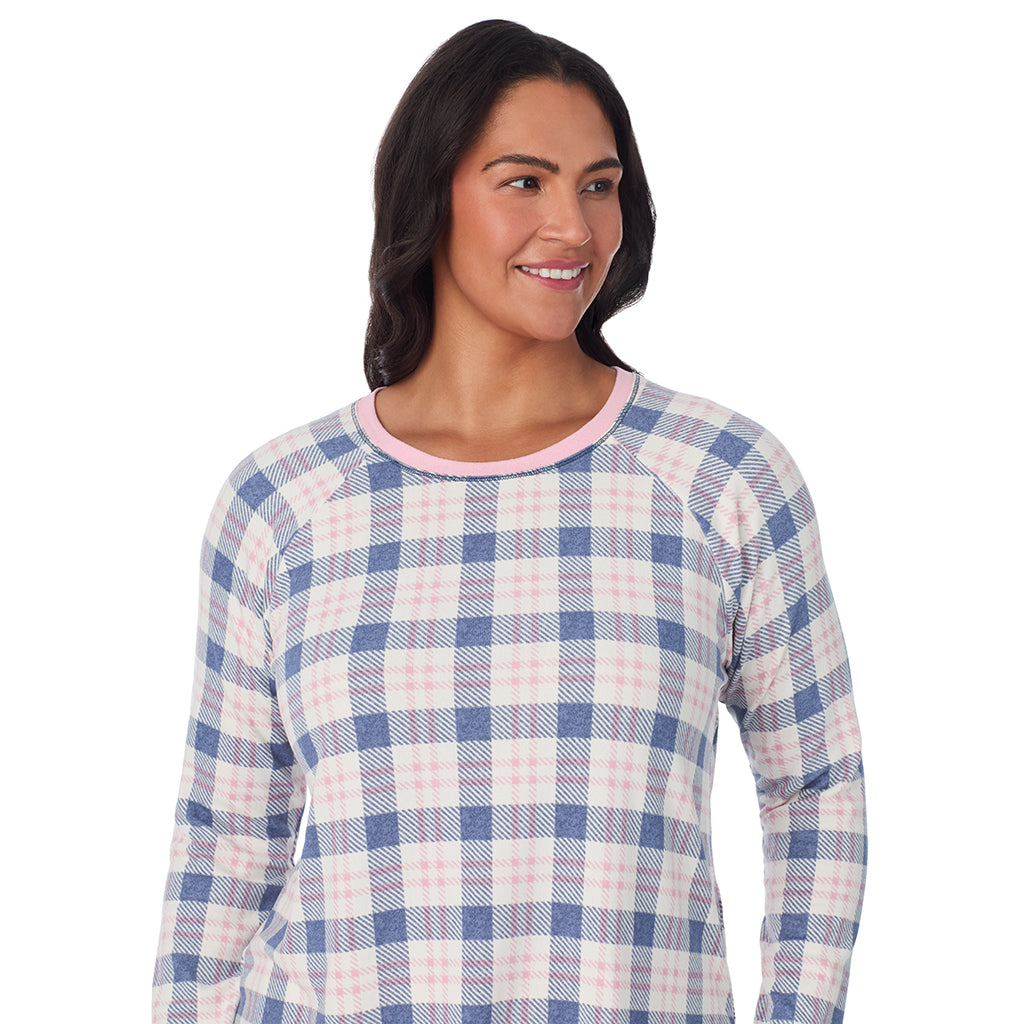 Pink Blue Plaid;Model is wearing size 1X. She is 5'10", Bust 40", Waist 33", Hips 47".@A lady wearing Brushed Sweater Knit Long Sleeve Top with Jogger 2-Pc Pajama Set PLUS