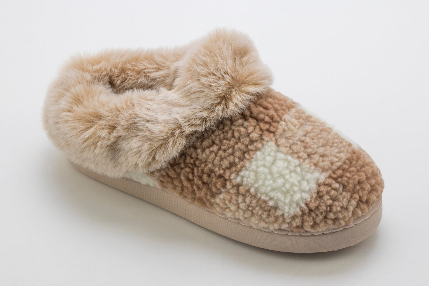 Tan Plaid;@Buffalo Plaid Clog Slipper with Contrast Sherpa Lining