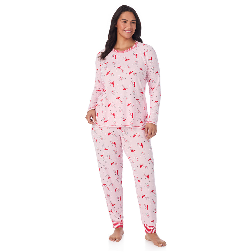 Pink Cardinal;Model is wearing size 1X. She is 5'10", Bust 40", Waist 33", Hips 47".@A lady wearing Brushed Sweater Knit Long Sleeve Top with Jogger 2-Pc Pajama Set PLUS