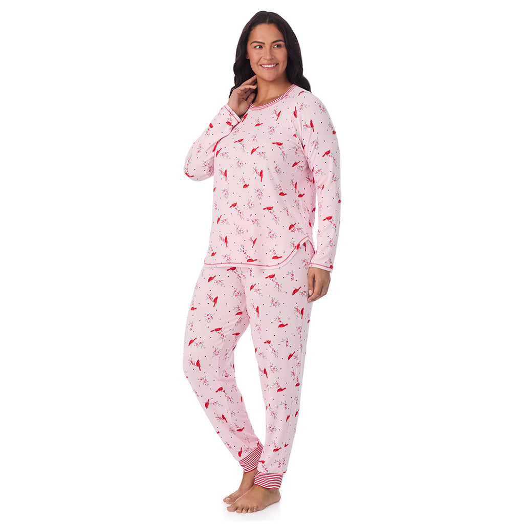 Pink Cardinal;Model is wearing size 1X. She is 5'10", Bust 40", Waist 33", Hips 47".@A lady wearing Brushed Sweater Knit Long Sleeve Top with Jogger 2-Pc Pajama Set PLUS