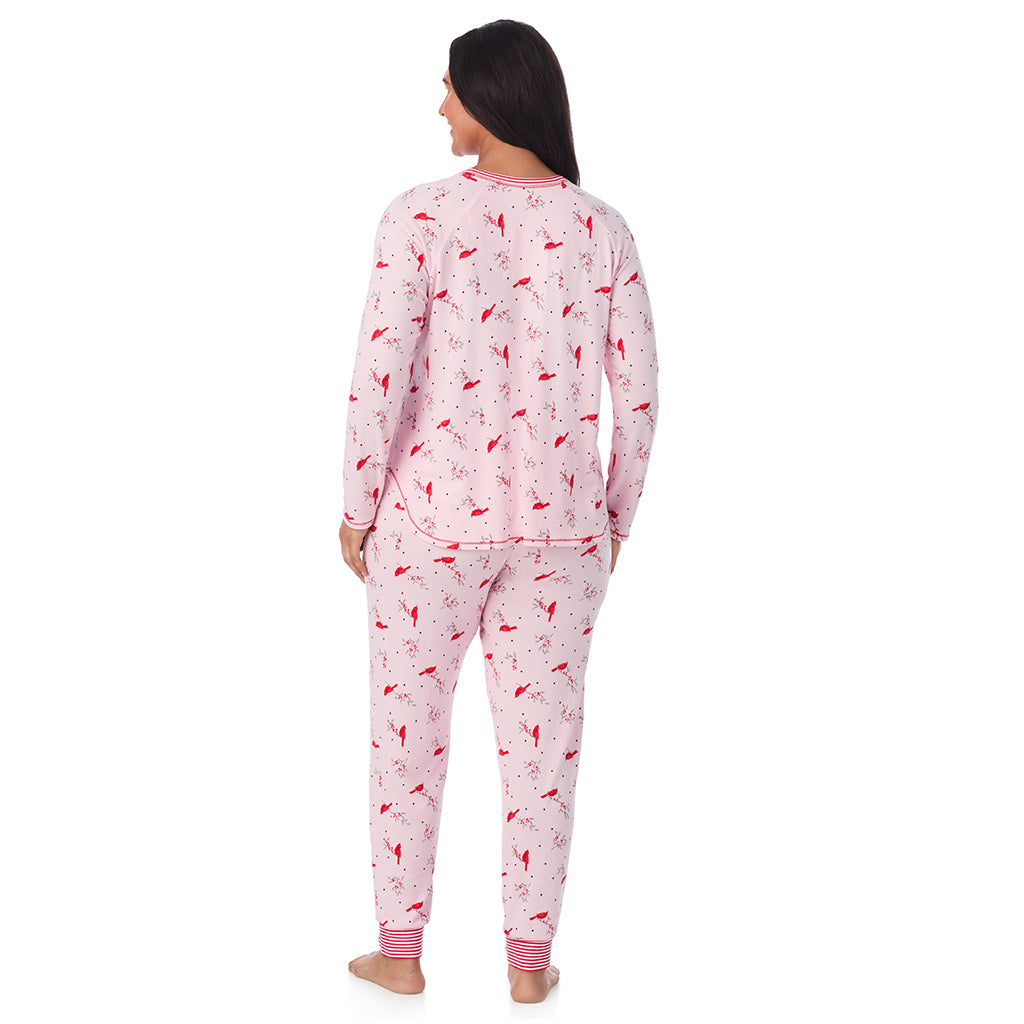 Pink Cardinal;Model is wearing size 1X. She is 5'10", Bust 40", Waist 33", Hips 47".@A lady wearing Brushed Sweater Knit Long Sleeve Top with Jogger 2-Pc Pajama Set PLUS