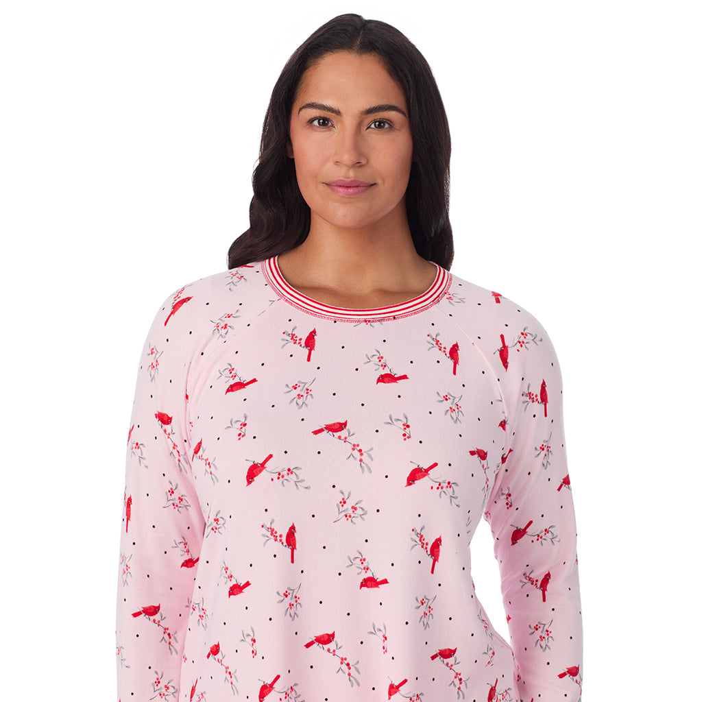 Pink Cardinal;Model is wearing size 1X. She is 5'10", Bust 40", Waist 33", Hips 47".@A lady wearing Brushed Sweater Knit Long Sleeve Top with Jogger 2-Pc Pajama Set PLUS