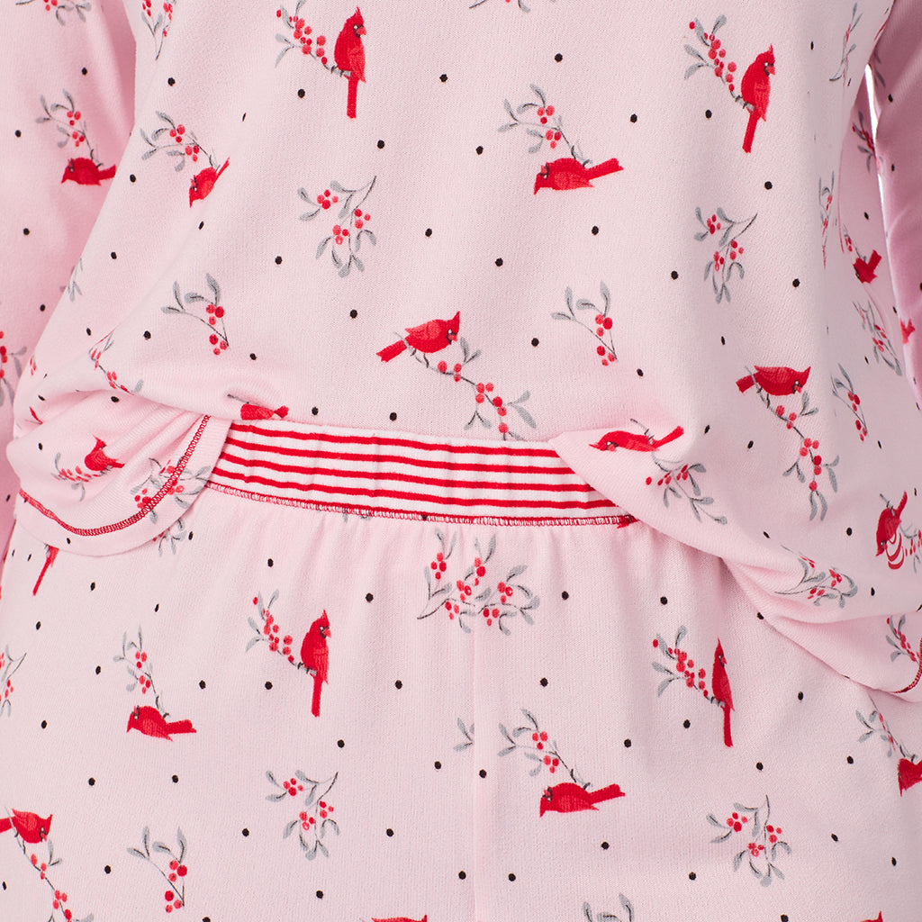 Pink Cardinal;Model is wearing size 1X. She is 5'10", Bust 40", Waist 33", Hips 47".@A lady wearing Brushed Sweater Knit Long Sleeve Top with Jogger 2-Pc Pajama Set PLUS