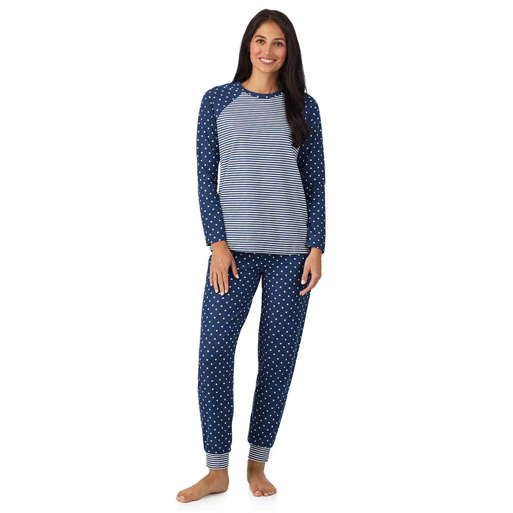 Navy Stripe Dot;Model is wearing size S. She is 5'8.5", Bust 32", Waist 25", Hips 36".@A lady wearing Brushed Mini Waffle Thermal Long Sleeve with Jogger Pajama Set