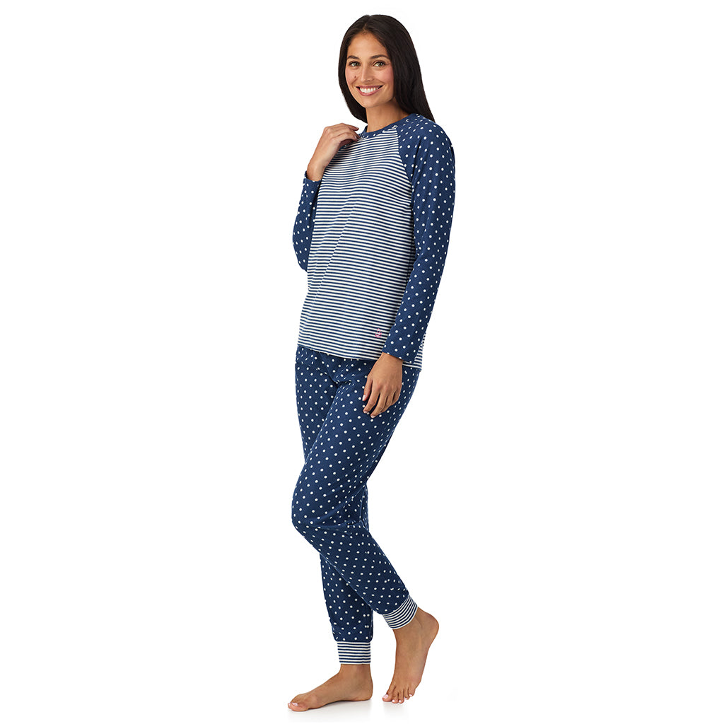Navy Stripe Dot;Model is wearing size S. She is 5'8.5", Bust 32", Waist 25", Hips 36".@A lady wearing Brushed Mini Waffle Thermal Long Sleeve with Jogger Pajama Set