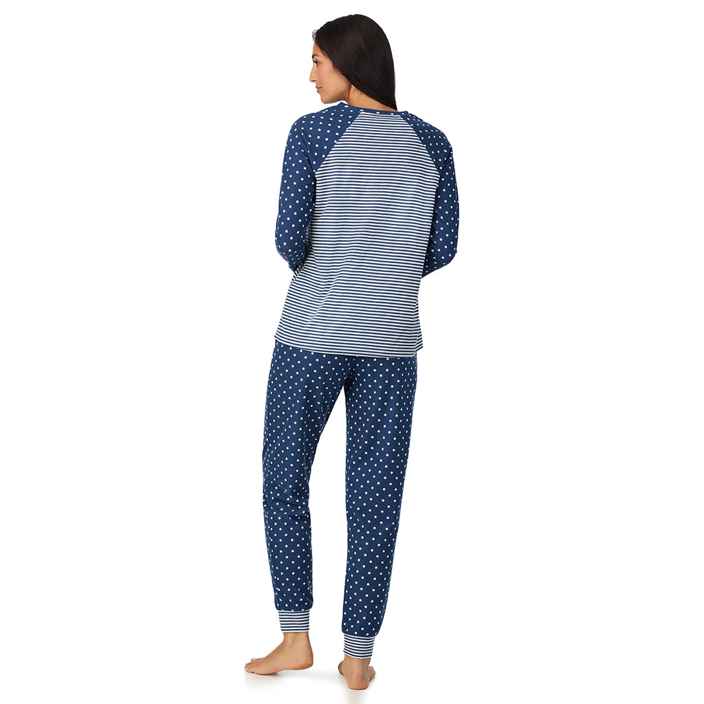 Navy Stripe Dot;Model is wearing size S. She is 5'8.5", Bust 32", Waist 25", Hips 36".@A lady wearing Brushed Mini Waffle Thermal Long Sleeve with Jogger Pajama Set