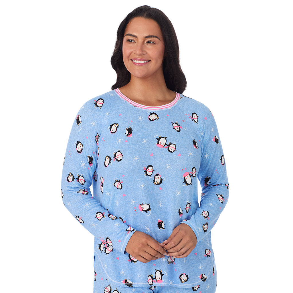 Blue Penguin;Model is wearing size 1X. She is 5'10", Bust 40", Waist 33", Hips 47".@A lady wearing Brushed Sweater Knit Long Sleeve Top with Jogger 2-Pc Pajama Set PLUS