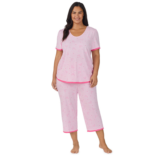A lady wearing  pink  Short Sleeve Crew Neck plus Pajama Set