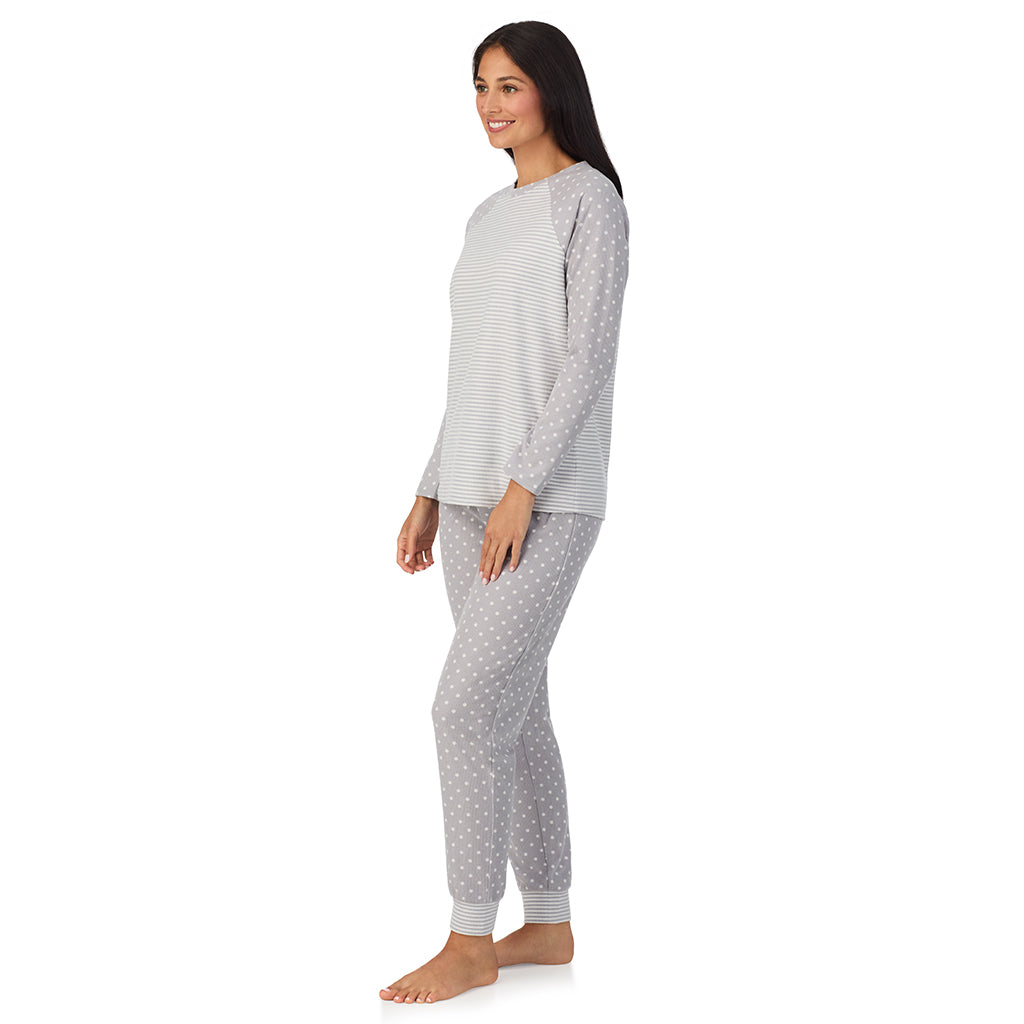 Grey Stripe Dot;Model is wearing size S. She is 5'8.5", Bust 32", Waist 25", Hips 36".@A lady wearing Brushed Mini Waffle Thermal Long Sleeve with Jogger Pajama Set