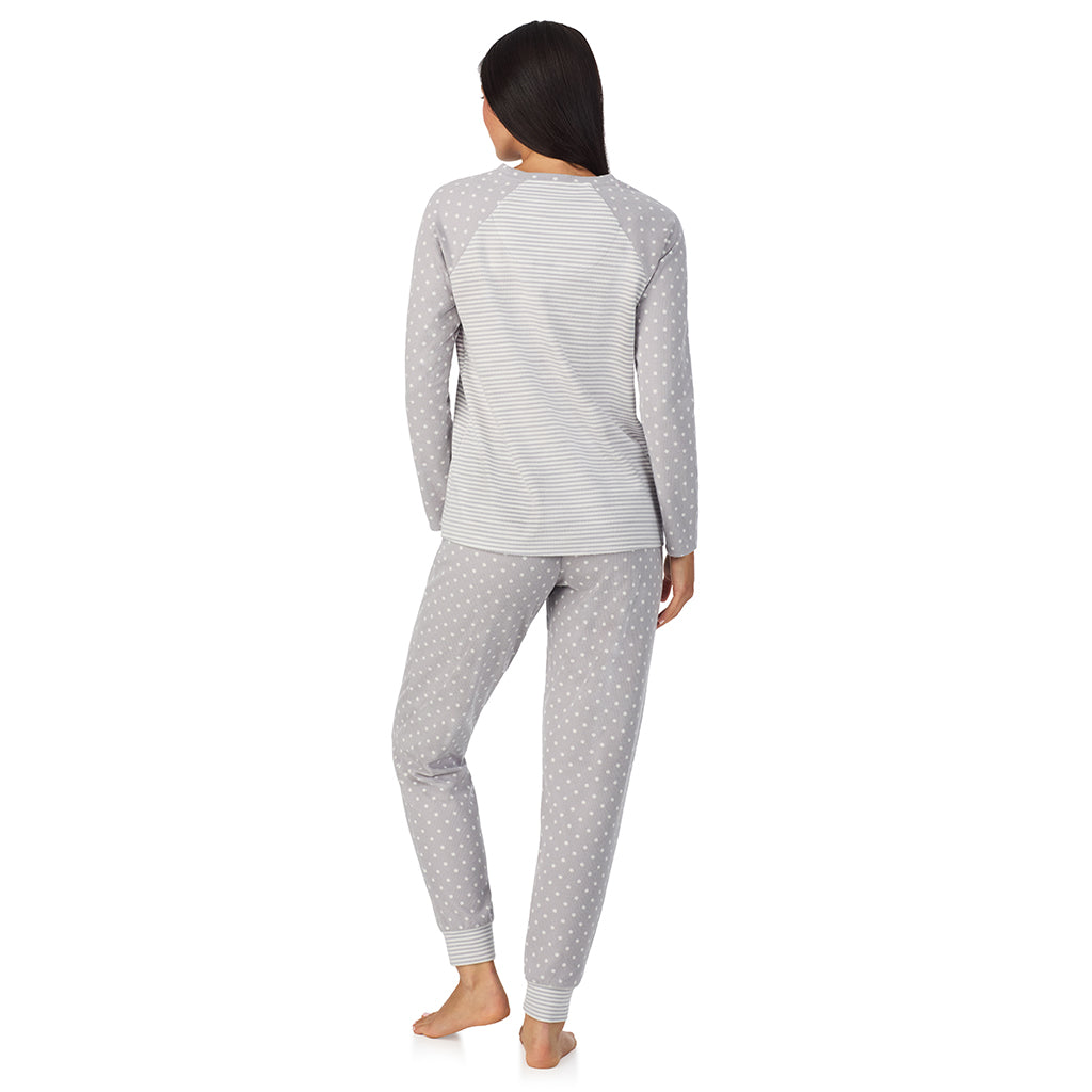 Grey Stripe Dot;Model is wearing size S. She is 5'8.5", Bust 32", Waist 25", Hips 36".@A lady wearing Brushed Mini Waffle Thermal Long Sleeve with Jogger Pajama Set