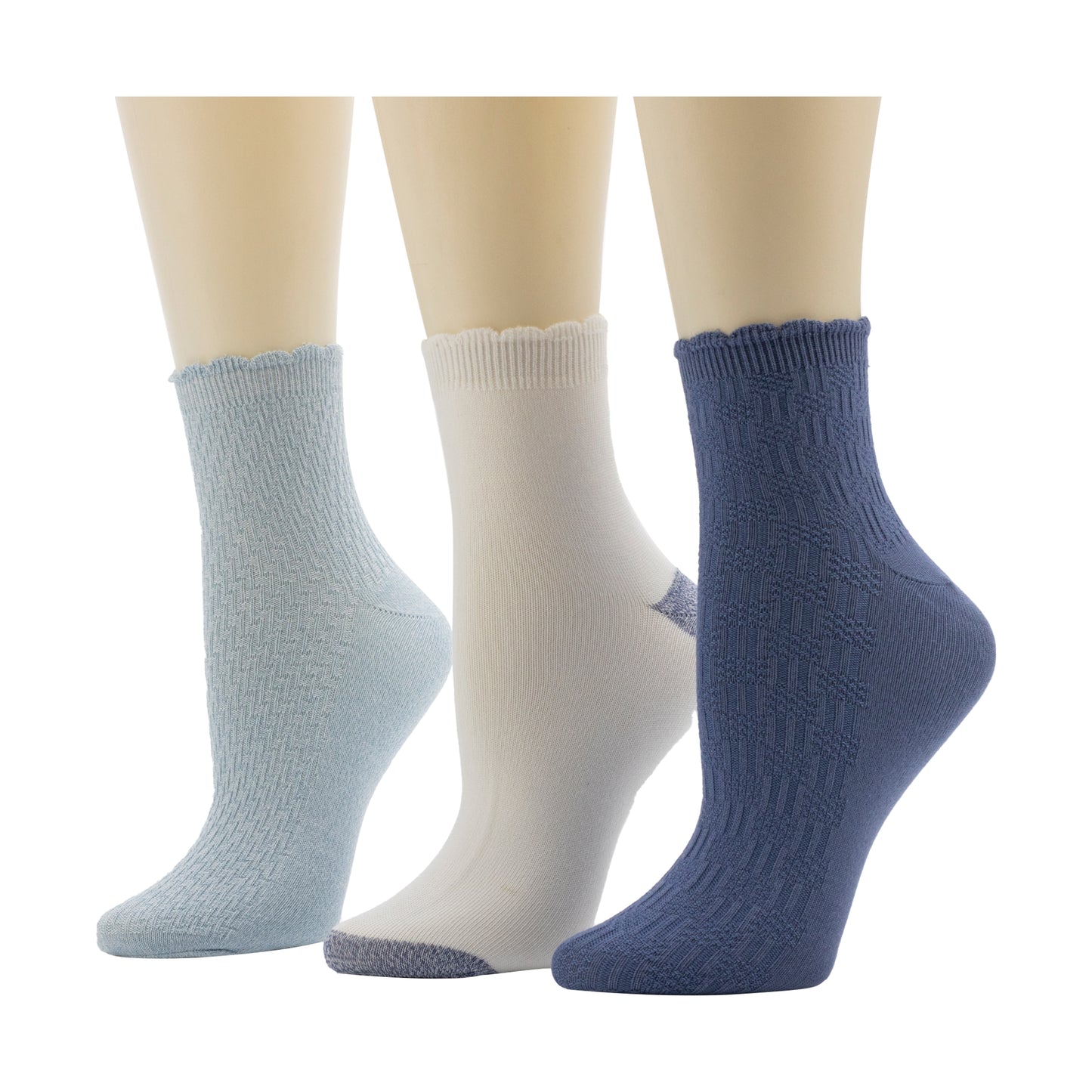 Bijou Blue/White/Navy;@A Diagonal Rib / Scallop Welt Anklet Sock 3-Pack