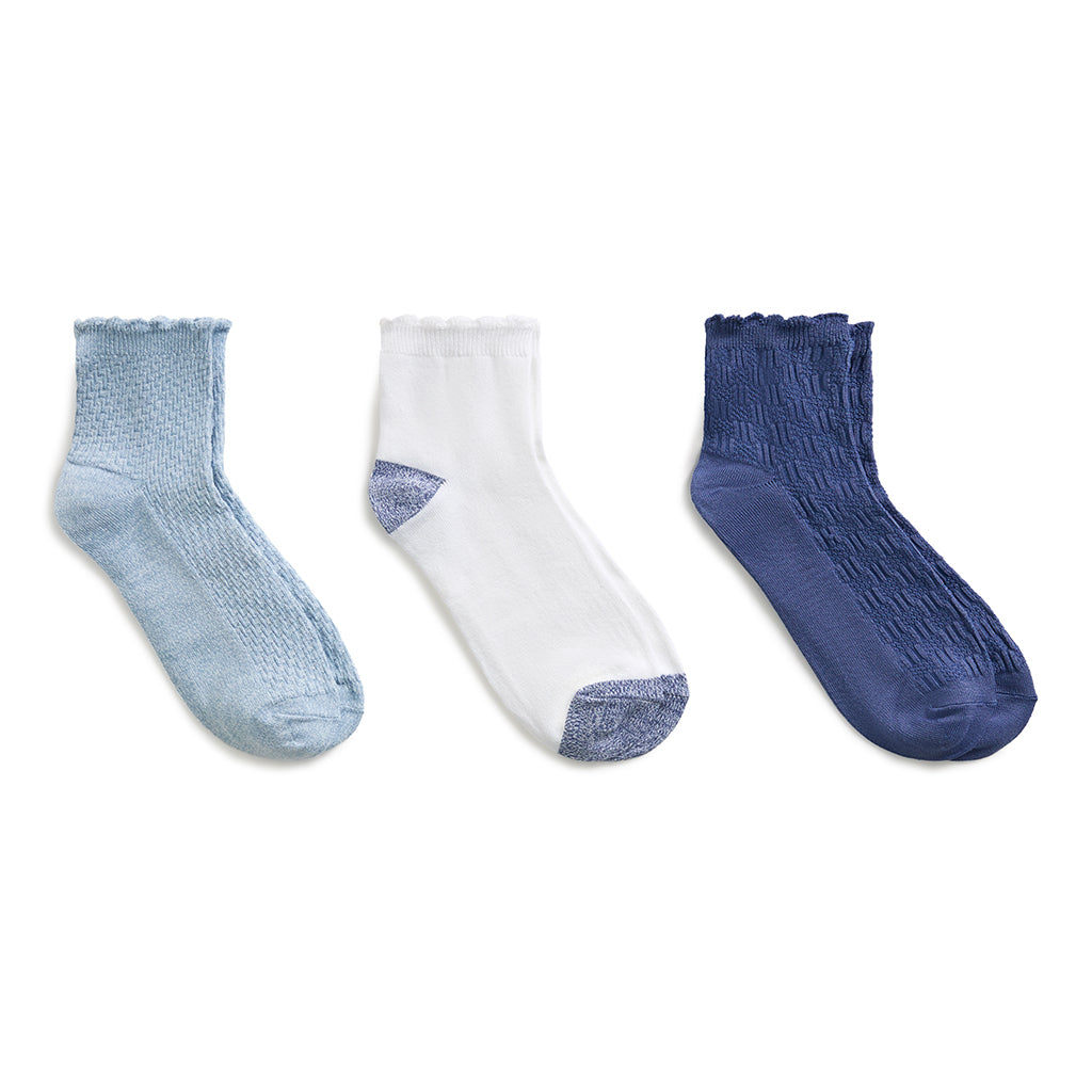 Bijou Blue/White/Navy;@A Diagonal Rib / Scallop Welt Anklet Sock 3-Pack