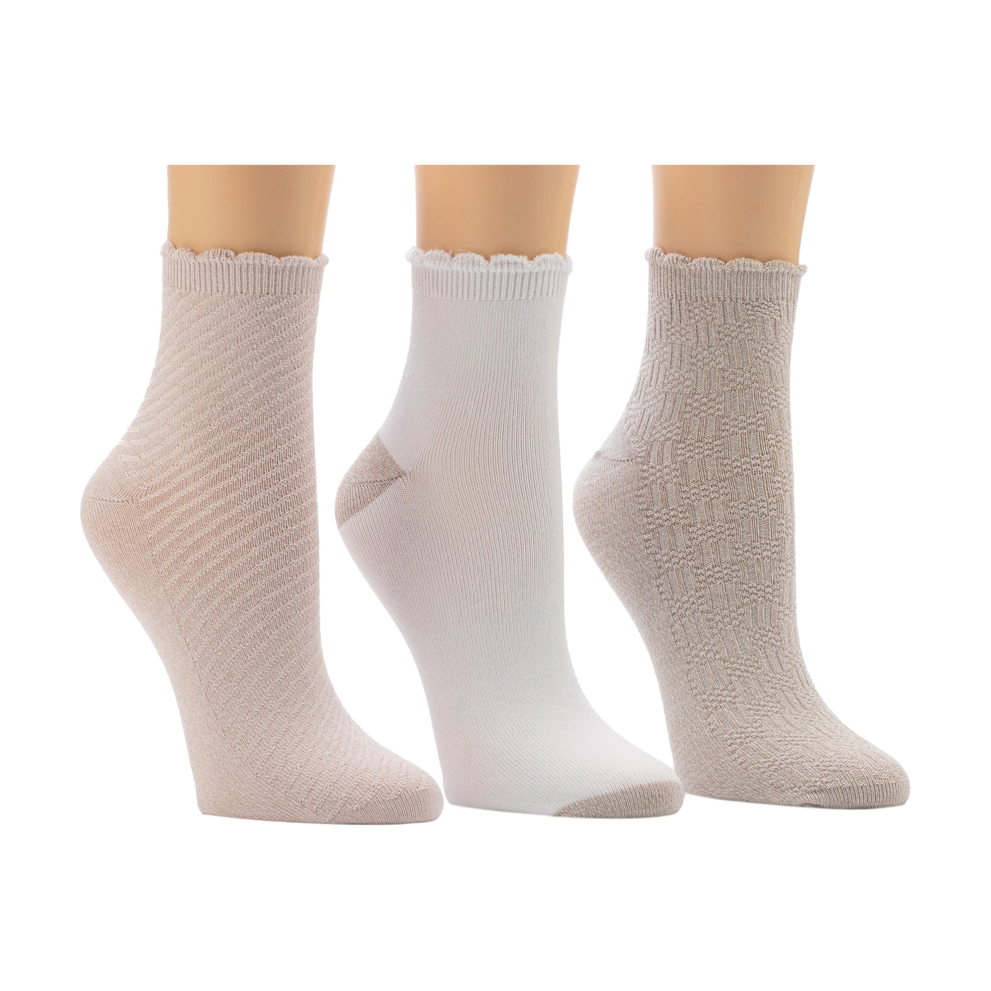 Sepia Rose/White/Simply Taupe;@A Diagonal Rib / Scallop Welt Anklet Sock 3-Pack