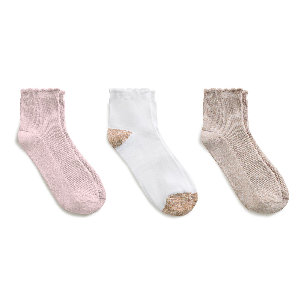 Sepia Rose/White/Simply Taupe;@A Diagonal Rib / Scallop Welt Anklet Sock 3-Pack