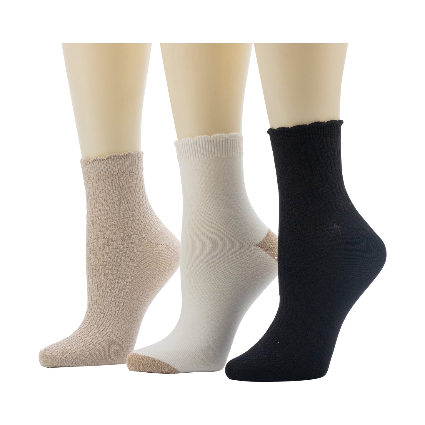 Simply Taupe/White/Black;@A Diagonal Rib / Scallop Welt Anklet Sock 3-Pack