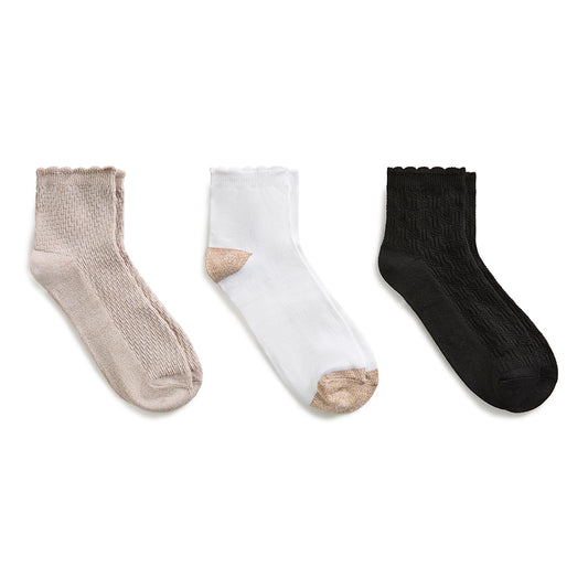 A Diagonal Rib / Scallop Welt Anklet Sock 3-Pack