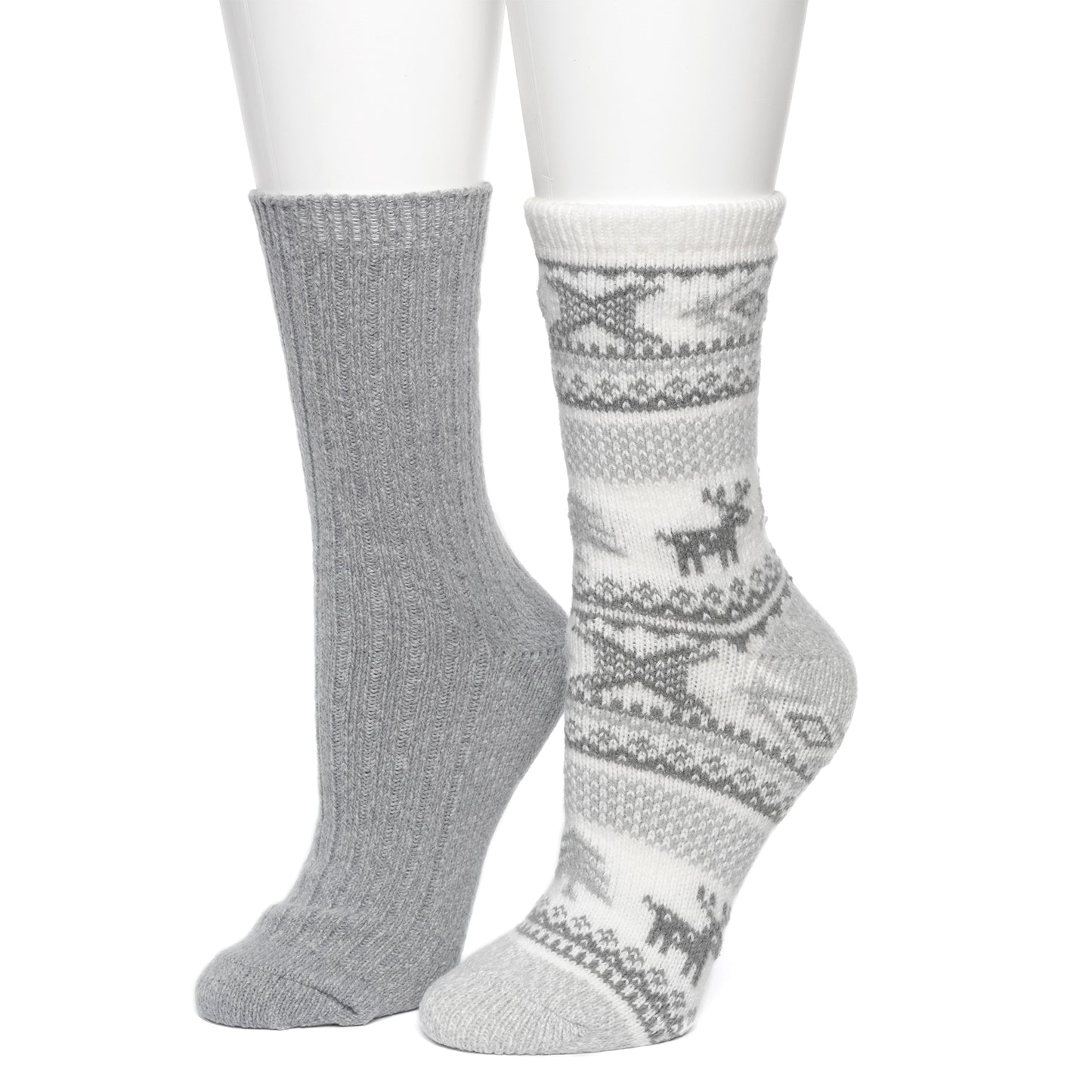 Lt Grey;@Allover Reindeer/Twist Rib Crew Sock 2 Pack