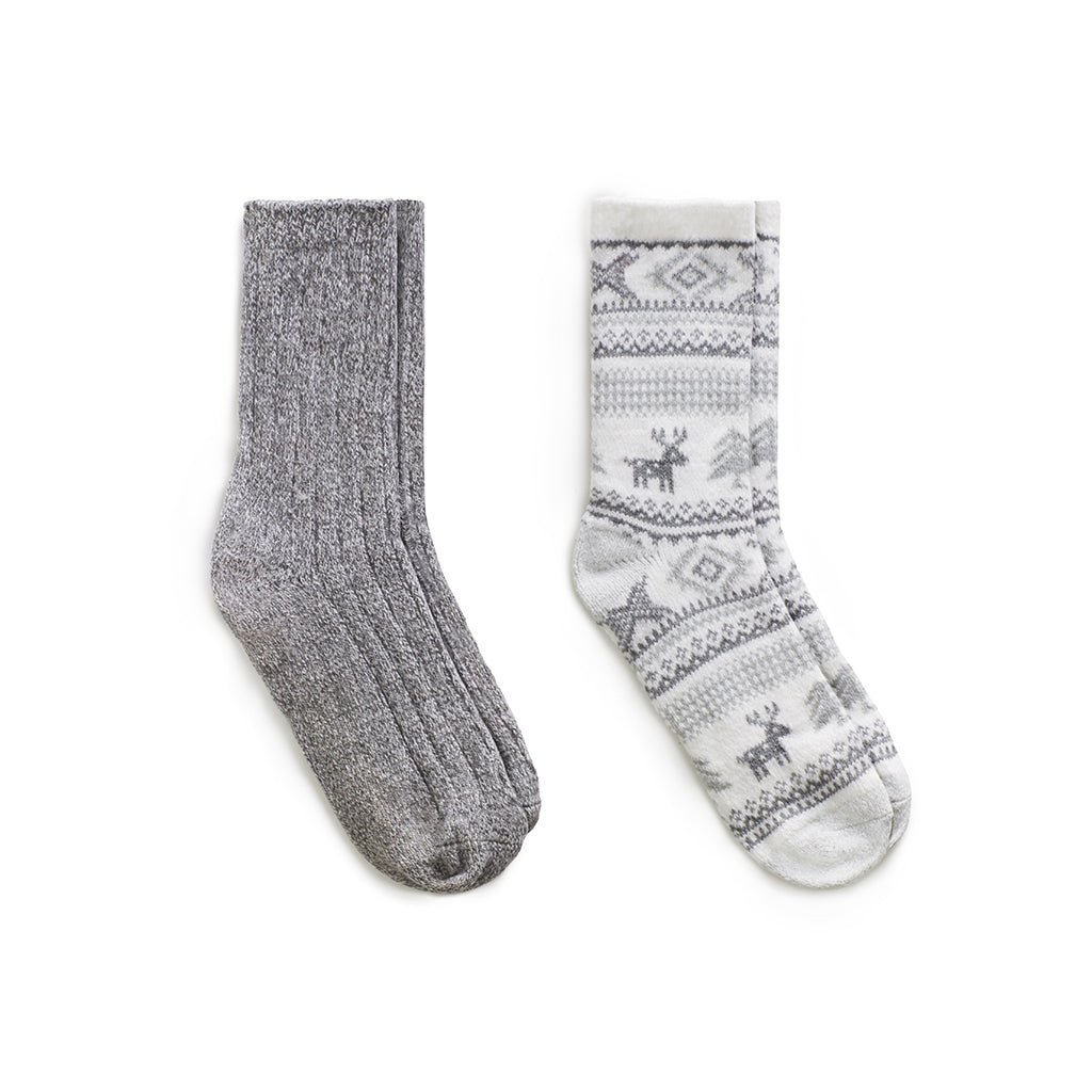 Lt Grey;@Allover Reindeer/Twist Rib Crew Sock 2 Pack