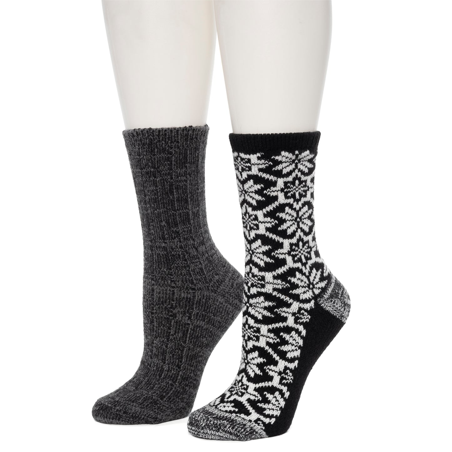 Black;@Large Snowflake/Solid Rib Crew Sock 2 Pack