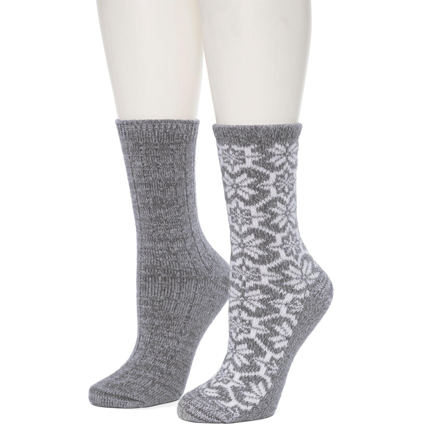 Grey;@Large Snowflake/Solid Rib Crew Sock 2 Pack