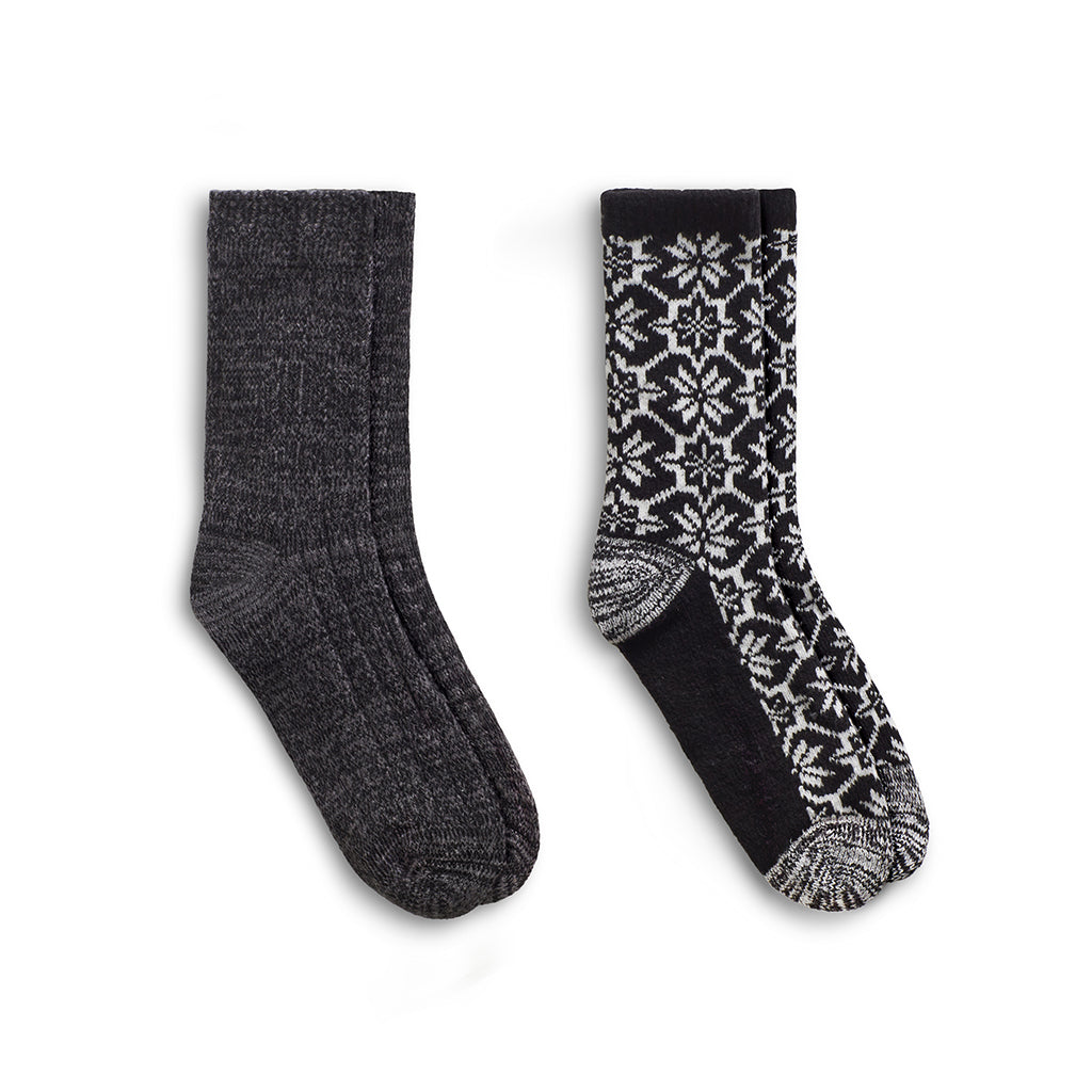 Black;@Large Snowflake/Solid Rib Crew Sock 2 Pack