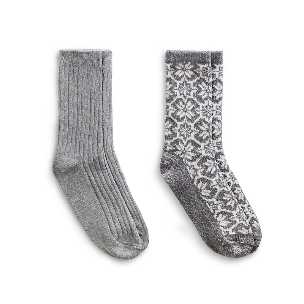Grey;@Large Snowflake/Solid Rib Crew Sock 2 Pack