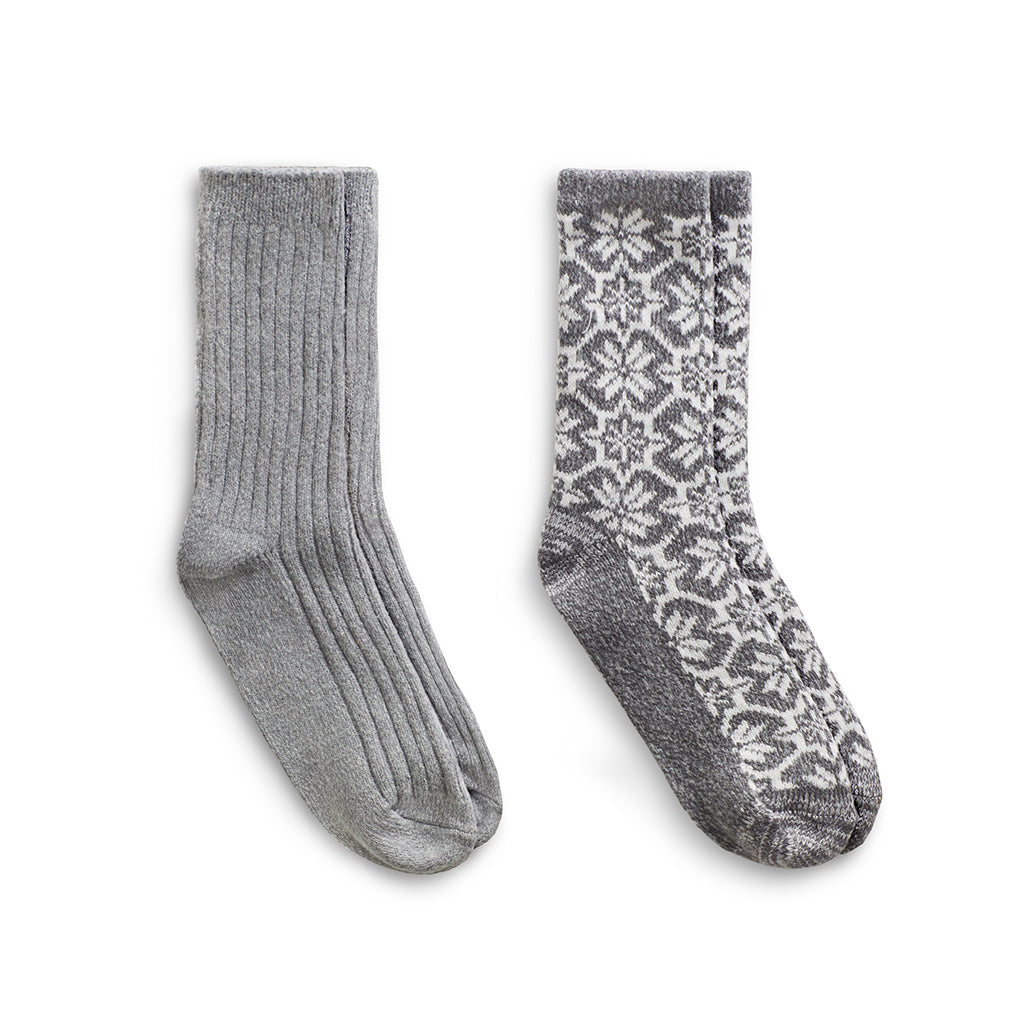 Grey;@Large Snowflake/Solid Rib Crew Sock 2 Pack