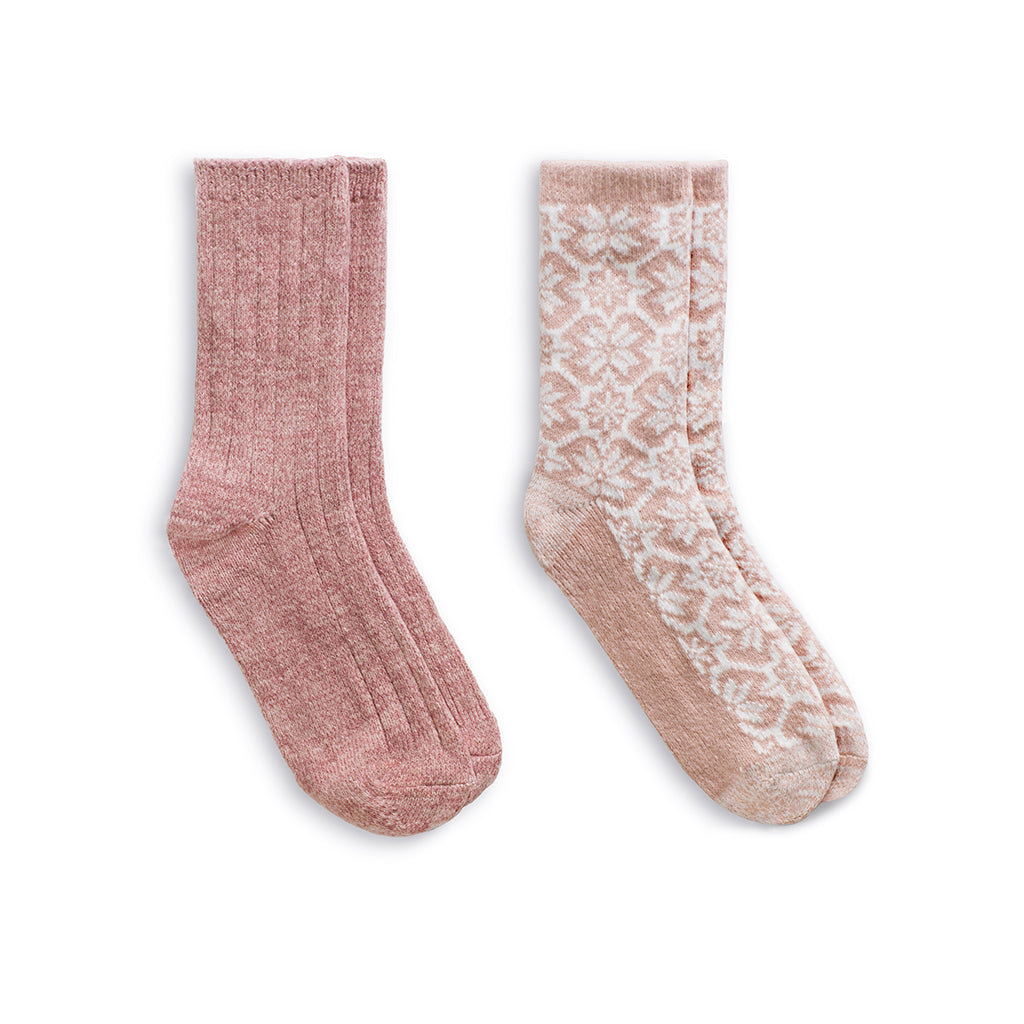 Sepia Rose;@Large Snowflake/Solid Rib Crew Sock 2 Pack