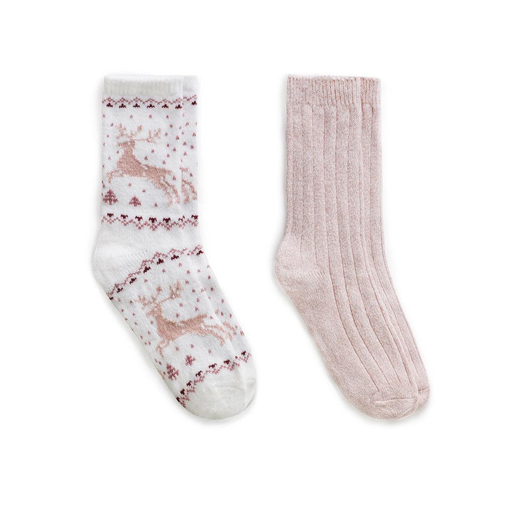 Ivory;@Reindeer Birdseye/Twist Rib Crew Sock 2 Pack