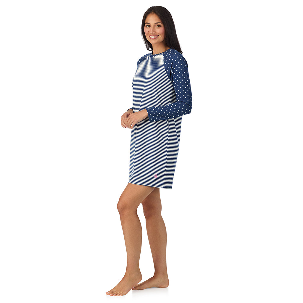 Navy Stripe Dot;Model is wearing size S. She is 5'8.5", Bust 32", Waist 25", Hips 36".@A lady wearing Brushed Mini Waffle Thermal Long Sleeve Sleepshirt