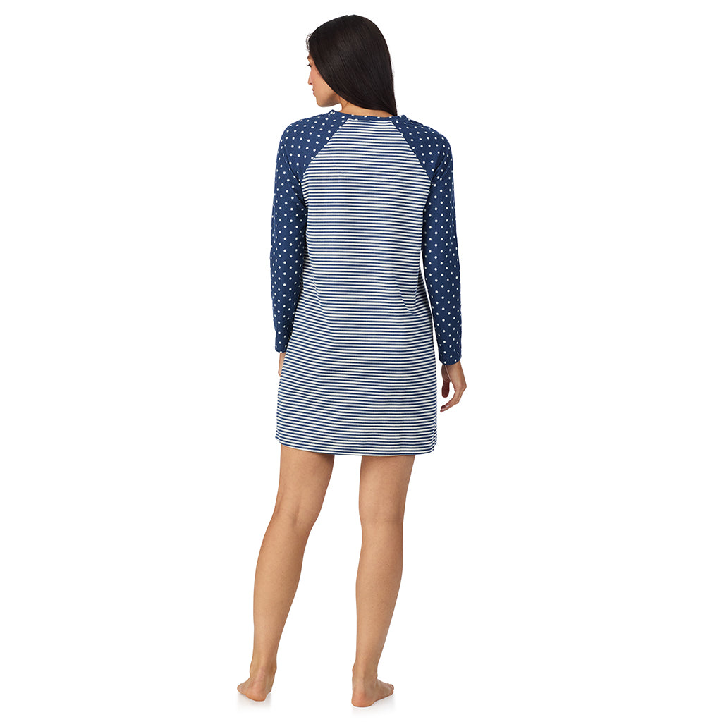 Navy Stripe Dot;Model is wearing size S. She is 5'8.5", Bust 32", Waist 25", Hips 36".@A lady wearing Brushed Mini Waffle Thermal Long Sleeve Sleepshirt