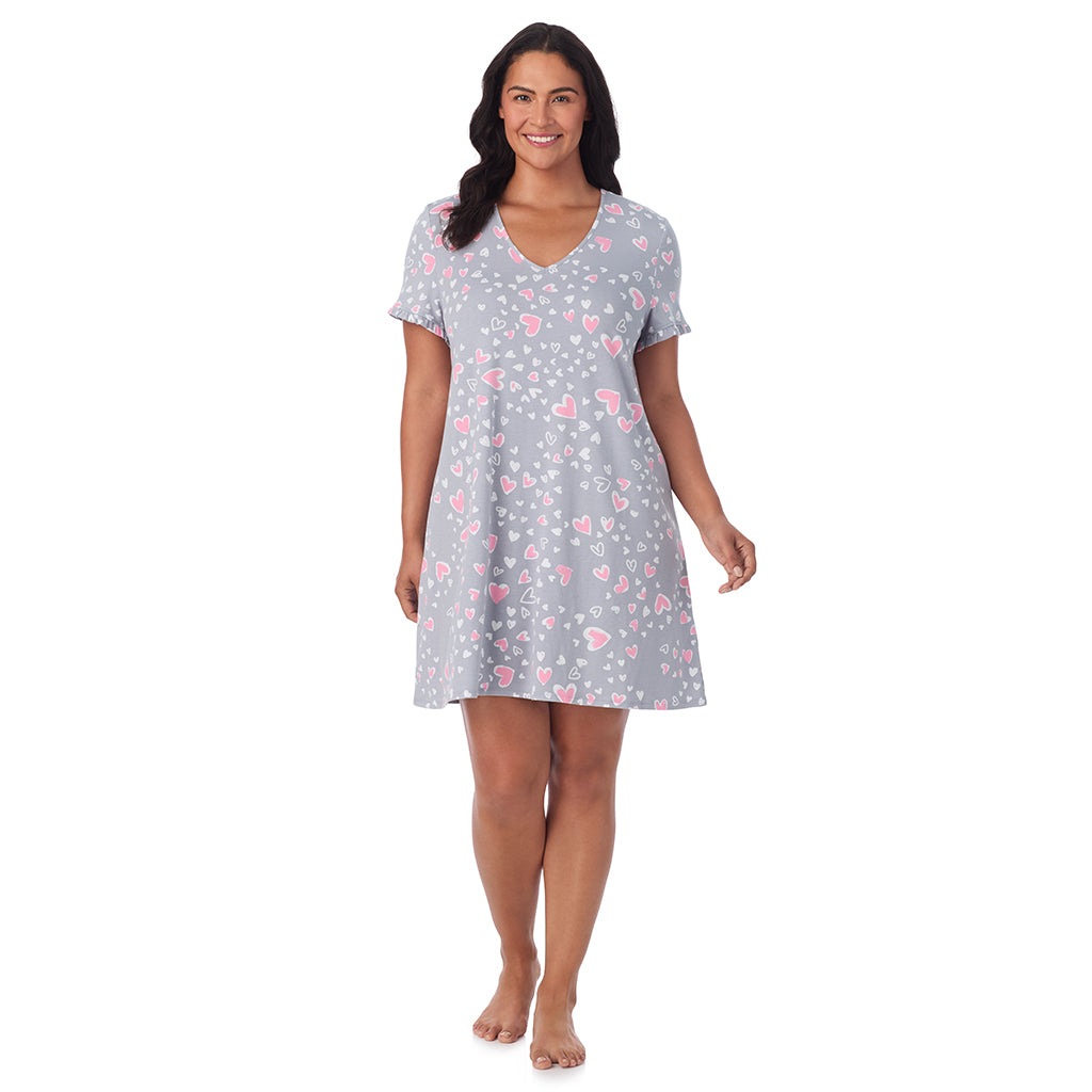 Grey Heart;Model is wearing size 1X. She is 5'10", Bust 40", Waist 33", Hips 47".@A lady wearing Cotton Rich Ruffled Short Sleeve Sleepshirt PLUS