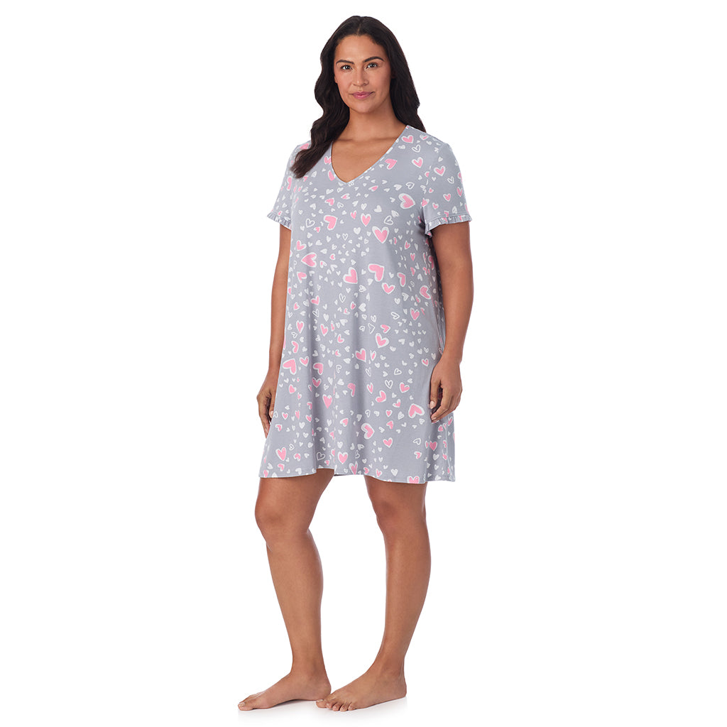 Grey Heart;Model is wearing size 1X. She is 5'10", Bust 40", Waist 33", Hips 47".@A lady wearing Cotton Rich Ruffled Short Sleeve Sleepshirt PLUS