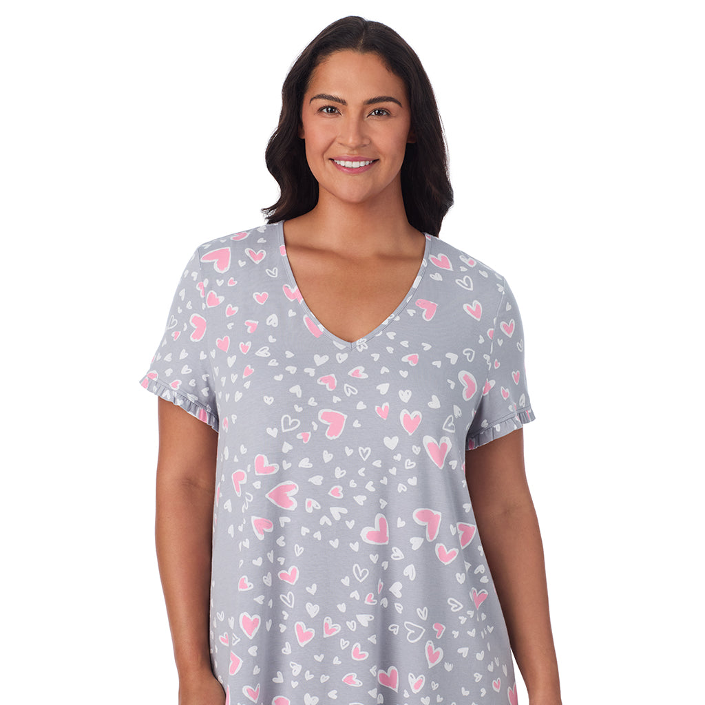Grey Heart;Model is wearing size 1X. She is 5'10", Bust 40", Waist 33", Hips 47".@A lady wearing Cotton Rich Ruffled Short Sleeve Sleepshirt PLUS