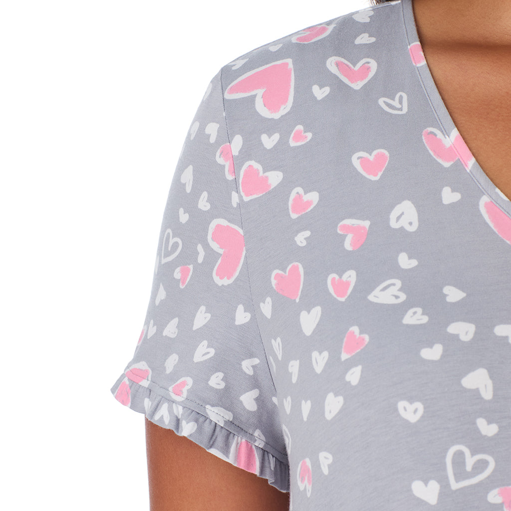 Grey Heart;Model is wearing size 1X. She is 5'10", Bust 40", Waist 33", Hips 47".@A lady wearing Cotton Rich Ruffled Short Sleeve Sleepshirt PLUS