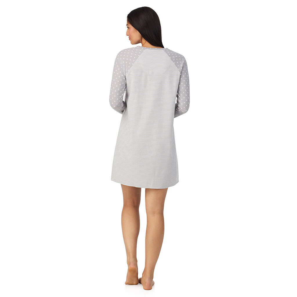 Grey Stripe Dot;Model is wearing size S. She is 5'8.5", Bust 32", Waist 25", Hips 36".@A lady wearing Brushed Mini Waffle Thermal Long Sleeve Sleepshirt