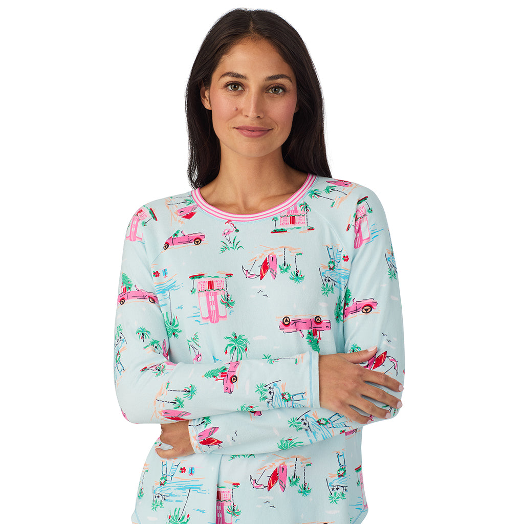 Aqua Coastal Holiday;Model is wearing size S. She is 5'8.5", Bust 32", Waist 25", Hips 36".@A lady wearing Brushed Sweater Knit Long Sleeve Top with Jogger 2-Pc Pajama Set