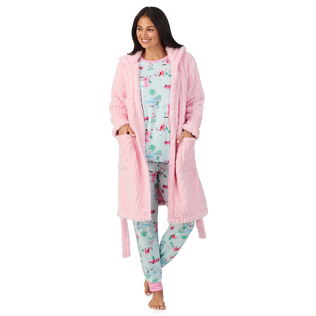 Aqua Coastal Holiday;Model is wearing size S. She is 5'8.5", Bust 32", Waist 25", Hips 36".@A lady wearing Brushed Sweater Knit Long Sleeve Top with Jogger 2-Pc Pajama Set