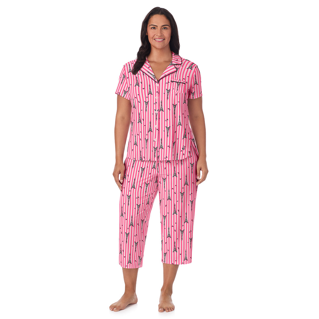 Paris Stripe;Model is wearing size 1X. She is 5'10", Bust 40", Waist 33", Hips 47".@A lady wearing Cotton Rich Short Sleeve Notch Collar Top with Cropped Pant Pajama Set PLUS