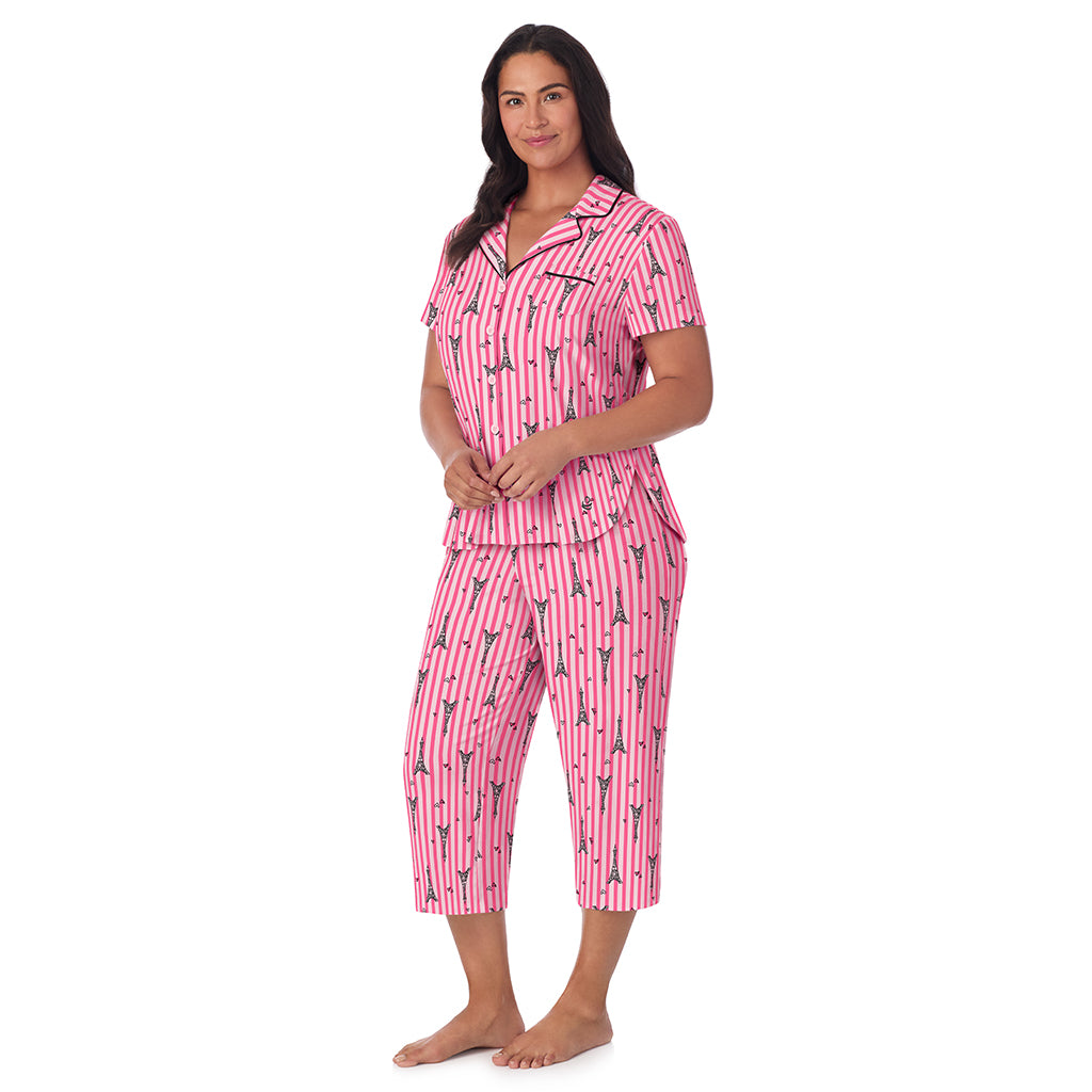 Paris Stripe;Model is wearing size 1X. She is 5'10", Bust 40", Waist 33", Hips 47".@A lady wearing Cotton Rich Short Sleeve Notch Collar Top with Cropped Pant Pajama Set PLUS