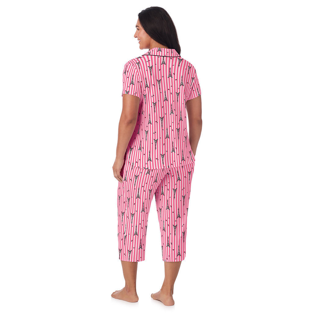 Paris Stripe;Model is wearing size 1X. She is 5'10", Bust 40", Waist 33", Hips 47".@A lady wearing Cotton Rich Short Sleeve Notch Collar Top with Cropped Pant Pajama Set PLUS