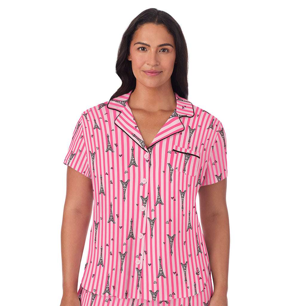 Paris Stripe;Model is wearing size 1X. She is 5'10", Bust 40", Waist 33", Hips 47".@A lady wearing Cotton Rich Short Sleeve Notch Collar Top with Cropped Pant Pajama Set PLUS