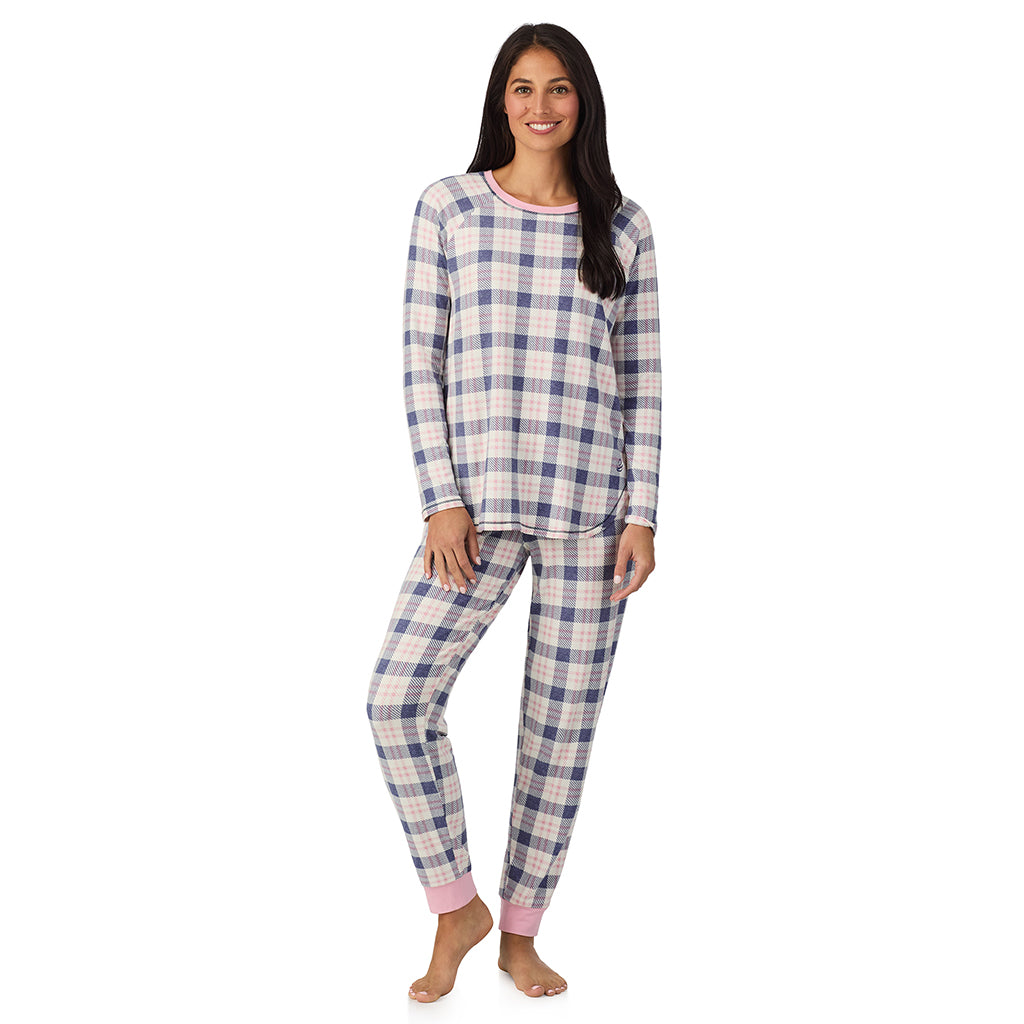 Pink Blue Plaid;Model is wearing size S. She is 5'8.5", Bust 32", Waist 25", Hips 36".@A lady wearing Brushed Sweater Knit Long Sleeve Top with Jogger 2-Pc Pajama Set